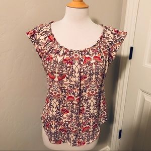 Cream Pink Floral Short Sleeve Scoop Neck Blouse